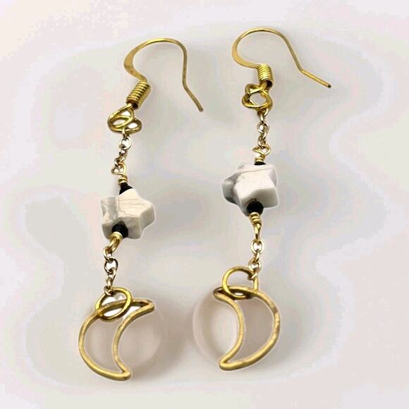 Minimalist Moon Star Earrings Pierced Gold Tone Celestial Themed French Wire - Picture 4 of 5